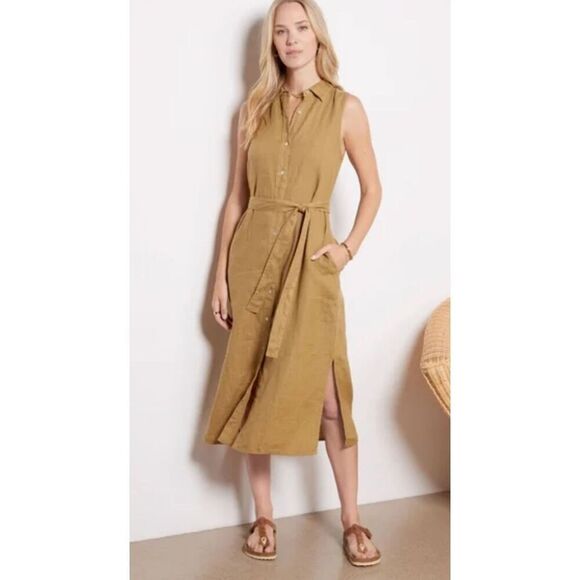 NWOT Faherty | Linen Laguna Sleeveless Midi Shirt Dress in Dull Gold, XXS $178 - Picture 2 of 10